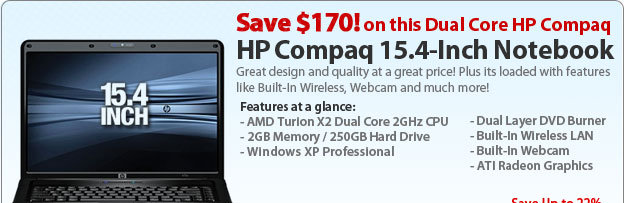 HP Compaq 6735s Laptop Computer KS118UT - AMD Turion X2 Dual-Core RM-70 2.0GHz, 2GB DDR2, 250GB HDD, DL DVDRW, 15.4" WXGA, Microsoft Windows XP Pro, Black
